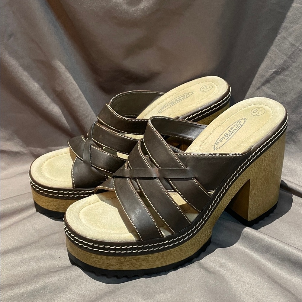 Vintage 90's Y2K Lower East Side Brown Chunky Platform Slides Sandals Size 6.5 - Picture 2 of 10